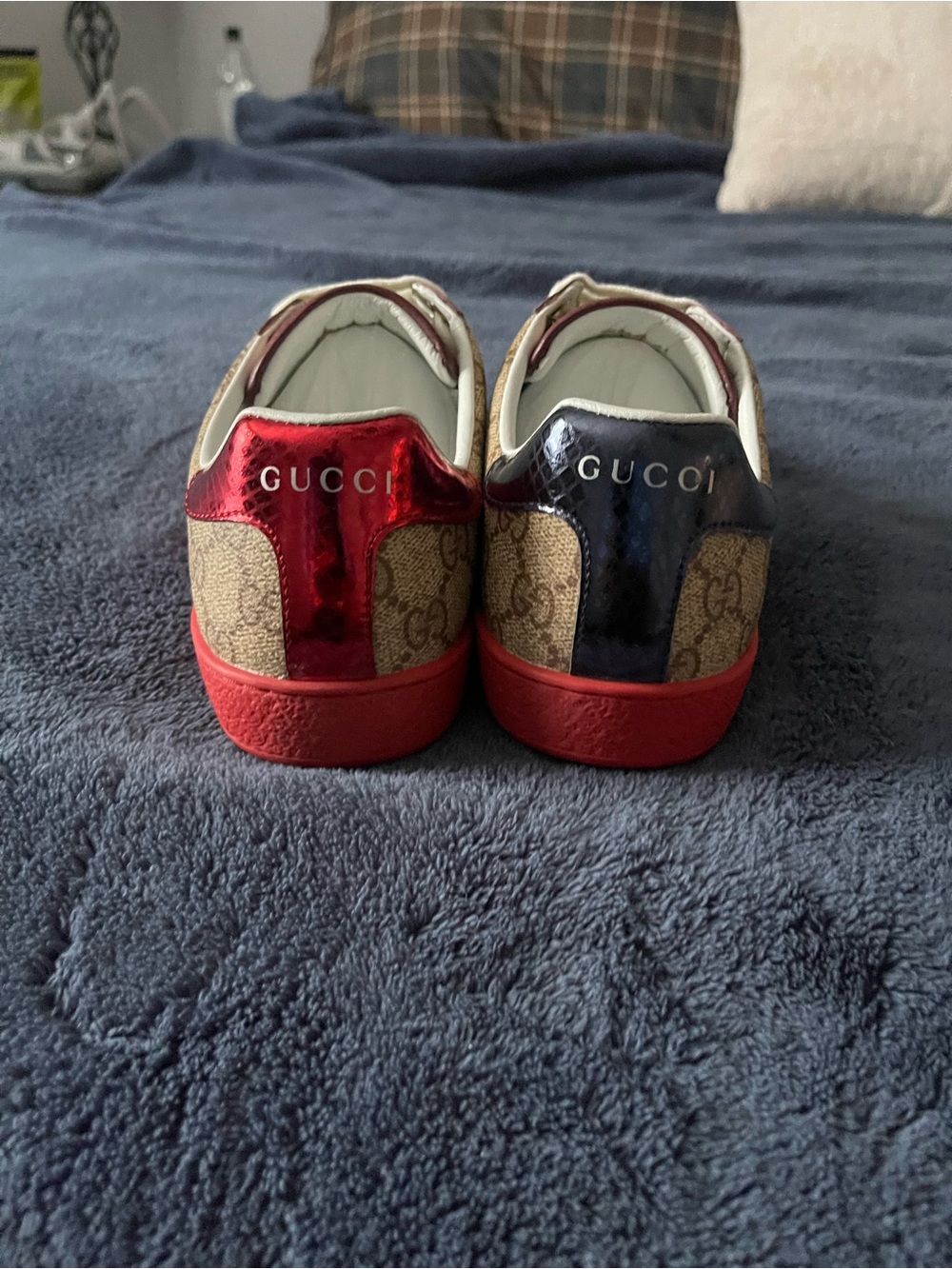 Gucci Women GG Canvas Sneaker with Metallic Red & Blue Heels